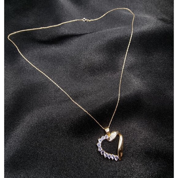 Vintage Early 2000s 10K Gold Tanzanite & Diamond Heart Pendant Necklace - Picture 2 of 6